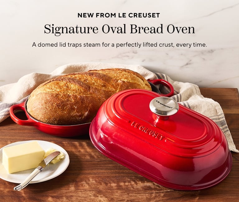 New from Le Creuset signature oval bread oven. A domed lid traps steam for a perfectly lifted crust, every time.