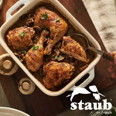 Chicken Chasseur (Chicken in Hunter Sauce) in white Staub baker