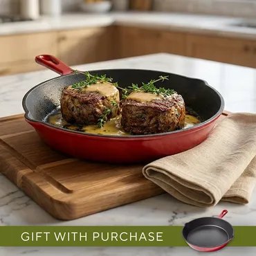 Petite Filet Au Poivre in red cast iron skillet, gift with purchase