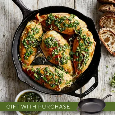 Grilled Chicken with Chimichurri Sauce in Lodge cast iron skillet