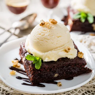 Chocolate Pecan Brownies with Vanilla Bean Ice Cream