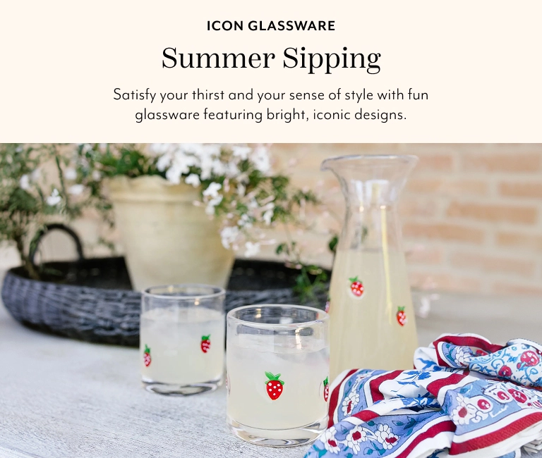 Icon glassware, summer sipping. Satisfy your thirst and your sense of style with fun glassware featuring bright, iconic designs.