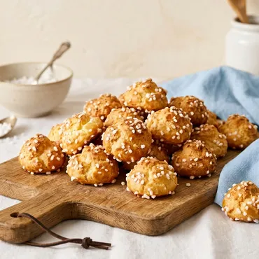 Chouquettes on wooden board