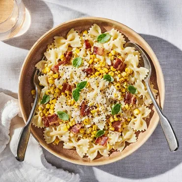 Farfalle with Roasted Sweet Corn Bacon and Crème Fraîche